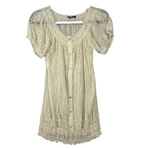 Womens Stretchy Lace Top Blouse Cream Small Cottagecore Ballet Girly Faux Button
